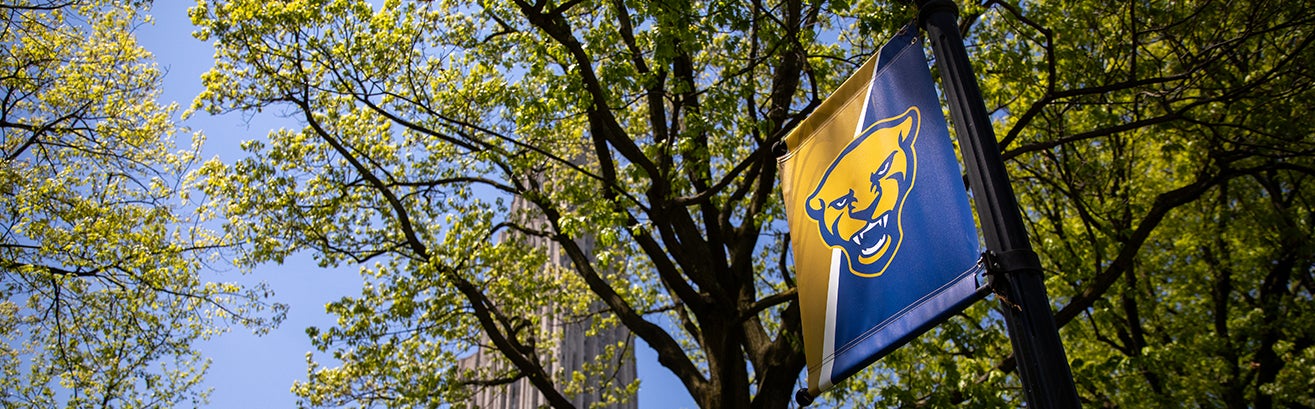 panther banner in front of trees and cathedral of learning