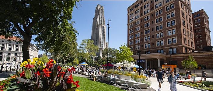 William Pitt Union Plaza with Cathedral of Learning in background