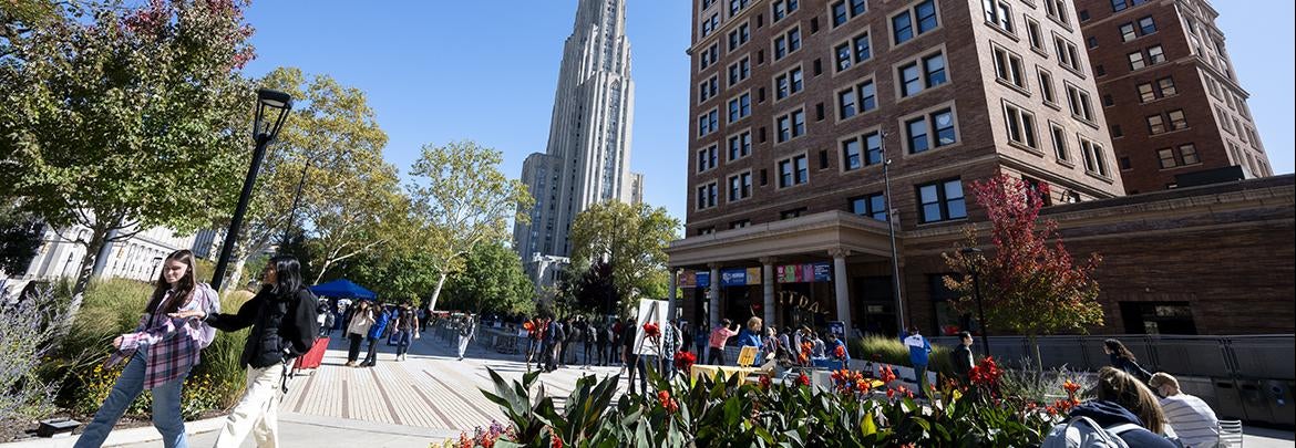 WIlliam Pitt Union plaza with Cathedral of Learning in Background