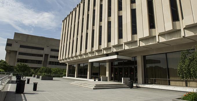 Hillman Library Exterior with Posvar Hall in background 