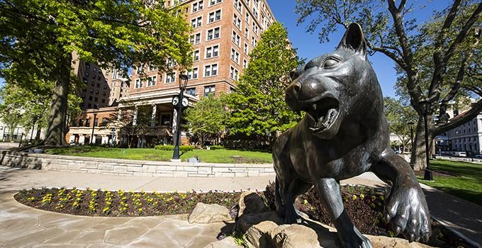 panther statue on Pittsburgh campus, William Pitt Union in background